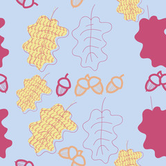 Acorns   harvest, oak leaves  seamless pattern, scribbles. Hand drawn.