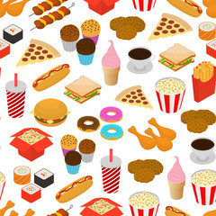 Fast Food Seamless Pattern Background Isometric View. Vector
