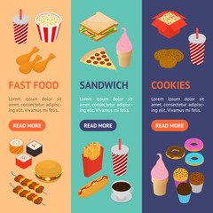 Fast Food Banner Vecrtical Set Isometric View. Vector