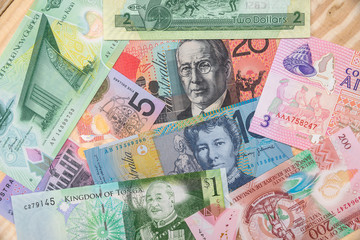 Fototapeta na wymiar various money in Australian and Oceania countries.