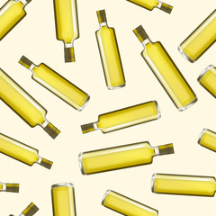 Realistic Detailed Olive Oil Glass Bottle Seamless Pattern Background. Vector