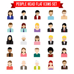 Collection of people head flat icon set isolated on white background vector illustration