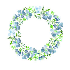 Wreath made of gentle blue flowers and green leaves. Brier twig on white background. Round shape. Watercolor painting.