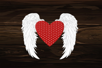 Design red heart with wings. Vector on wooden background