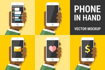 Hand using vector mobile phone on colored illustration background mockup pack 6