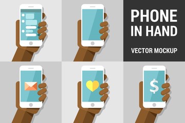 Hand using vector mobile phone on colored illustration background mockup pack 4