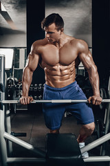Fototapeta na wymiar Handsome power athletic man on diet training pumping up muscles with dumbbell and barbell. Strong bodybuilder, perfect abs, shoulders, biceps, triceps and chest