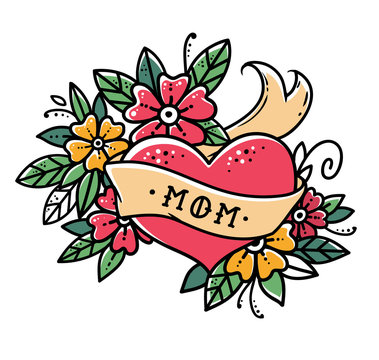Tattoo heart with ribbon, flowers and word MOM Old school retro vector illustration. Retro tattoo.