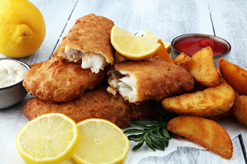 traditional British fish and chips with potato and lemon