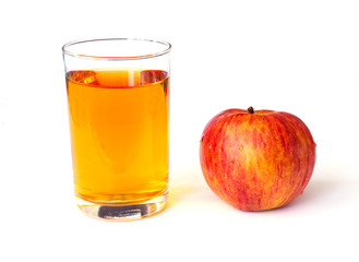 Apple juice in glass cup and fresh, covered with water drops, apple isolated on white background
