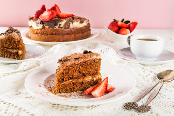 Fototapeta na wymiar Coffee cake, Strawberries and Coffee