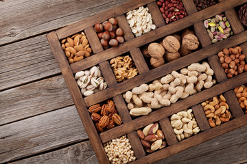Various nuts in wooden box