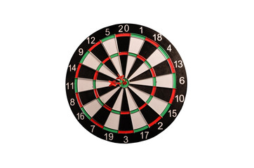 Dart in center of the target dartboard on a white background