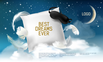 Vector illustration with realistic 3d square pillow with blindfold on it for the best dreams ever, comfortable sleep. Soft cushion. Relaxation, sleeping concept. Night, clouds, stars background.