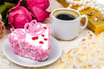 Delightful, luxury, romantic cake in the form heart. Valentine's Day on February 14.