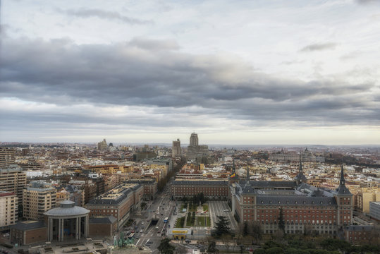 Aerial view of Madrid at the sunset, Spain.