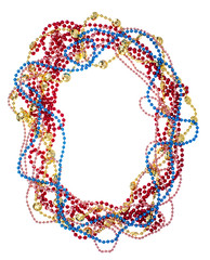 Shiny multi colored mardi gras beads including blue, red, gold and pink on white background