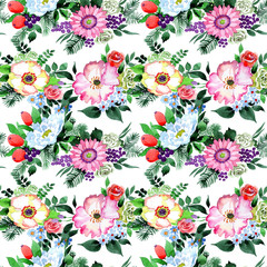 Bouquet flower pattern in a watercolor style. Full name of the plant: rose, chrysanthemum, peony. Aquarelle wild flower for background, texture, wrapper pattern, frame or border.