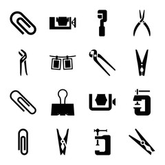 Clamp icons. set of 16 editable filled clamp icons