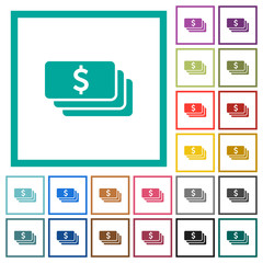 Dollar banknotes flat color icons with quadrant frames