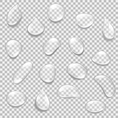 Set of transparent drops of different shapes.