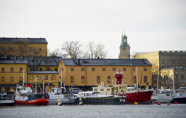Landmarks at Stockholm waterfront in winter