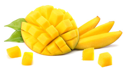 mango slice with green leaves isolated on white background. top view