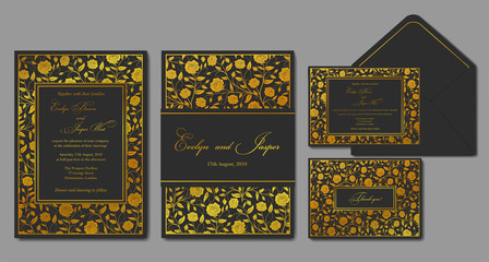 Wedding invite, envelope, rsvp, holiday card. Design with gold roses flower  in vintage style & golden frame. Vector set