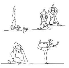 Set Continuous line drawing. Woman doing exercise in yoga pose. Vector Illustration