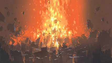 Rolgordijnen scène van apocalyptische explosie met veel fragment van gebouwen, digitale kunststijl, illustratie, schilderkunst © grandfailure