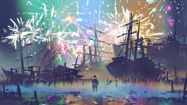 man standing on the beach looking at wreck ships with fireworks on background, digital art style, illustration painting