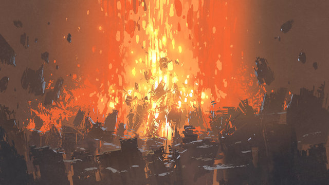scene of apocalyptic explosion with many fragment of buildings, digital art style, illustration painting