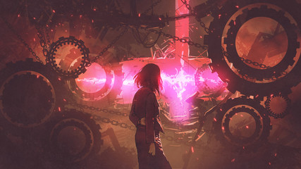 back view of woman standing in old factory looking at the red light through gears, digital art style, illustration painting © grandfailure