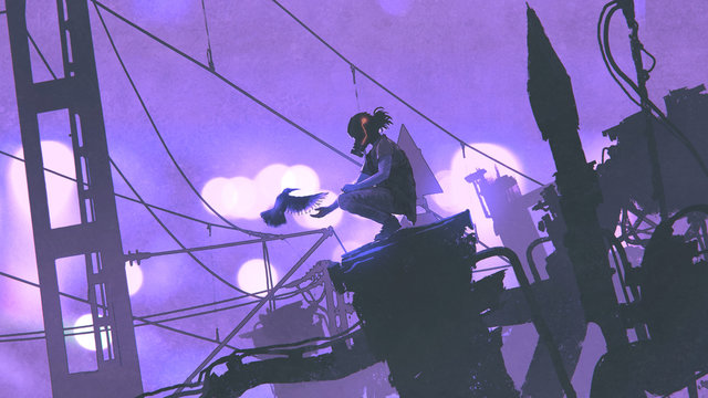 man with gas mask feeding a bird in futuristic city with old buildings at night, digital art style, illustrtion painting