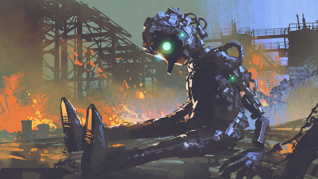 broken robot leaved on abandoned factory, digital art style, illustration painting