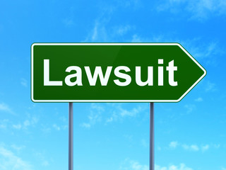 Law concept: Lawsuit on green road highway sign, clear blue sky background, 3D rendering