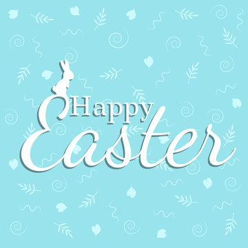 Happy Easter. Greeting card with inscription, rabbit and doodles. Vector illustration