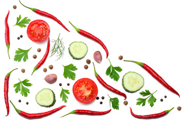 mix red hot chili peppers with parsley, garlic and sliced tomato isolated on white background top view