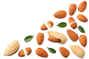almonds isolated on white background top view