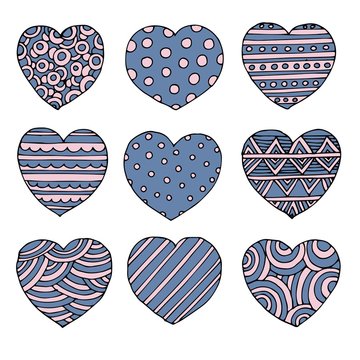 vector hearts set for wedding and valentine design in flat and doodle style for your web design.