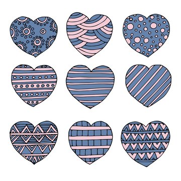 vector hearts set for wedding and valentine design in flat and doodle style for your web design.