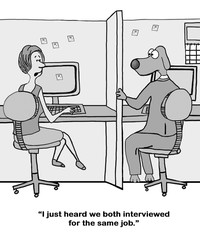 Business cartoon of a businessman learning she and the business dog interviewed for the same job.  - obrazy, fototapety, plakaty