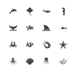 Marine Life icons. Perfect black pictogram on white background. Flat simple vector icon.