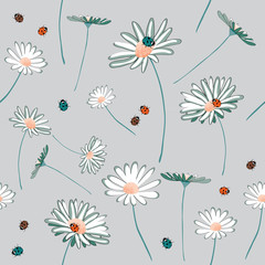 Daisies and ladybugs seamless pattern. Vector illustration on light grey background