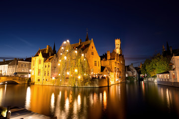 Historic Medieval City of Bruges with River Canal at Dusk, Belgium