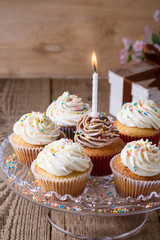 Delicious birthday cupcakes with one candle