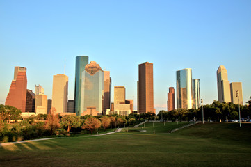 Fototapeta na wymiar Houston Downtown Skyline Illuminated at Sunset