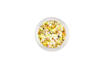 Confetti for manicure. Round beautiful sequins for nail design in manicure and pedicure. Decorative particles. Fish scales for decoration. All shades of gold, yellow in a small glass jar.