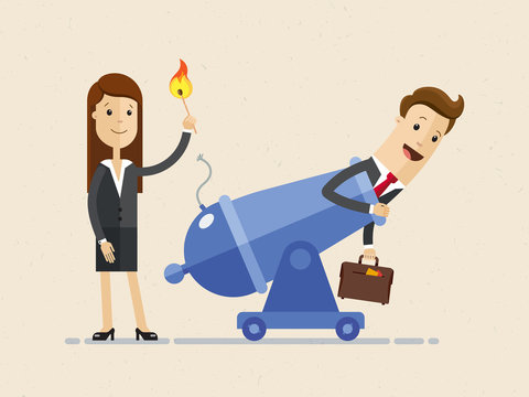 Business Woman Is Setting On Fire The Cannon To Fly Businessman Out Of It For Making A First Jerk Of His Business.