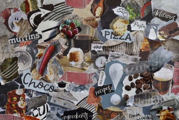 collage mood board with natural organic  food concept with restaurant, wine, pizza, coffee, chocolate,and pasta elements
